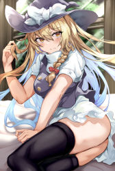 Rule 34 | 1girl, apron, ass, bad id, bad twitter id, bed, blonde hair, bow, braid, frills, hair bow, hand in own hair, hand on own hip, hat, hat bow, kaeranu kaeru, kirisame marisa, long hair, no pants, puffy sleeves, red bow, shirt, short sleeves, side braid, single braid, solo, thighhighs, thighs, touhou, vest, waist apron, white bow, white shirt, witch hat, yellow eyes