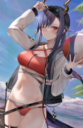 Rule 34 | 1girl, alternate costume, alternate hairstyle, arknights, ball, beachball, belt, bikini, black hat, blue sky, blush, braid, breasts, ch&#039;en (arknights), cleavage, closed mouth, cloud, cowboy shot, criss-cross halter, day, dragon girl, dragon horns, dragon tail, fingernails, halterneck, hand on headwear, hat, highres, holding, holding ball, horns, jacket, letterman jacket, long fingernails, long hair, long sleeves, looking at viewer, medium breasts, nail polish, navel, one eye closed, open clothes, open jacket, outdoors, purple nails, red bikini, red eyes, ru zhai, sidelocks, single braid, sky, solo, stomach, swimsuit, tail, thigh gap, thigh strap, visor cap