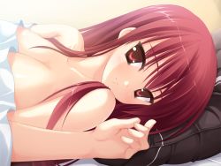 Rule 34 | 1girl, bed, blush, breasts, cleavage, empty x embryo, game cg, kifune mio, kobuichi, long hair, looking at viewer, lying, muririn, on back, pillow, red eyes, red hair, smile, solo, tsurime