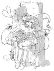 Rule 34 | 2girls, :d, blouse, blush, boots, bow, buttons, collared shirt, commentary, full body, greyscale, hair between eyes, hair ornament, hand on another&#039;s arm, hat, hat bow, heads together, heart, heart button, heart hair ornament, heart of string, highres, hug, komeiji koishi, komeiji satori, long sleeves, looking at viewer, monochrome, multiple girls, open mouth, osakanadream, parted lips, shirt, short hair, siblings, sisters, sitting, skirt, slippers, smile, socks, third eye, throne, touhou, wide sleeves