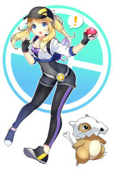Rule 34 | !, 1girl, backpack, bag, baseball cap, belt, black footwear, black gloves, black hat, blue eyes, blush, breasts, cleavage, creatures (company), cropped jacket, cubone, female protagonist (pokemon go), fingerless gloves, floating, fujiya takao, full body, game freak, gen 1 pokemon, gloves, hat, highres, jacket, leggings, lipstick, long hair, looking at viewer, makeup, medium breasts, nintendo, open mouth, outline, outstretched arm, pigeon-toed, pink lips, poke ball, poke ball (basic), poke ball print, poke ball theme, pokemon, pokemon (creature), pokemon go, ponytail, shoes, sidelocks, sleeves past elbows, sneakers, spoken exclamation mark, white background, white jacket