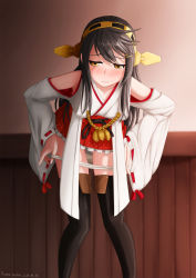 Rule 34 | 10s, 1girl, artist name, bare shoulders, bent over, black hair, blush, boots, brown eyes, dated, detached sleeves, hairband, haruna (kancolle), highres, japanese clothes, kama iruka, kantai collection, long hair, panties, panty pull, personification, solo, thigh boots, thighhighs, underwear, white thighhighs