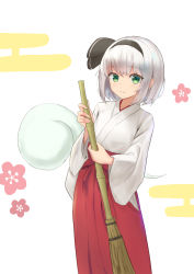 Rule 34 | 1girl, alternate costume, blush, breasts, broom, closed mouth, flower, ghost, gradient hair, green eyes, grey hair, grey hairband, hair between eyes, hairband, hands up, highres, hitodama, konpaku youmu, konpaku youmu (ghost), kubure, long skirt, long sleeves, looking at viewer, medium breasts, multicolored hair, pink flower, red skirt, shirt, short hair, simple background, skirt, smile, solo, standing, touhou, white background, white shirt, wide sleeves