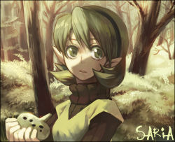 Rule 34 | 1girl, character name, green eyes, green hair, hairband, instrument, lowres, matching hair/eyes, nature, nintendo, ocarina, pointy ears, portrait, saria (zelda), solo, tem (artist), the legend of zelda, the legend of zelda: ocarina of time