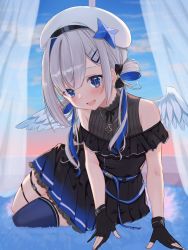 Rule 34 | 1girl, amane kanata, black gloves, blue eyes, curtains, gloves, highres, hololive, partially fingerless gloves, runlan 0329, sitting, solo, thigh strap, virtual youtuber, white hair, window, wings