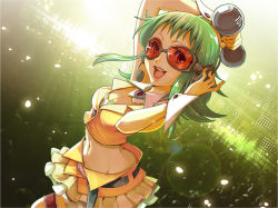 Rule 34 | &gt;:d, 1girl, :d, belt, breasts, butt crack, cleavage, crowd, gloves, goggles, green eyes, green hair, gumi, headphones, headset, hide (hideout), large breasts, long hair, looking at viewer, matching hair/eyes, midriff, miniskirt, navel, open mouth, pleated skirt, shirt, short hair, skirt, sleeveless, sleeveless shirt, smile, solo, thighhighs, v-neck, v-shaped eyebrows, vocaloid, weights, wrist cuffs