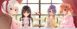 Rule 34 | 4girls, :d, :t, akizuki kanna, black hair, blue eyes, blush, bow, braid, breasts, cafe stella to shinigami no chou, cake, cake slice, casual, closed mouth, collarbone, commentary request, crossed bangs, cup, curtains, dress shirt, earrings, eating, eyelashes, eyes visible through hair, flower, food, green eyes, hair between eyes, hair bow, hair flower, hair intakes, hair ornament, hair over one eye, hair ribbon, hairclip, hand up, hands up, highres, hiuchidani mei, holding, holding cup, indoors, jewelry, kobuichi, large breasts, long hair, long sleeves, looking at viewer, looking back, mole, mole under eye, multiple girls, muririn, official art, open mouth, orange hair, pink ribbon, pink sweater, purple eyes, purple hair, red bow, red ribbon, ribbon, rose, shiki natsume, shirt, short hair with long locks, side braid, side ponytail, sitting, sleeves past wrists, smile, steam, straight hair, stud earrings, sumizome nozomi, suspenders, sweater, sweets, table, tan, tea, teapot, upper body, white flower, white hair, white rose, white shirt, window, x hair ornament, yellow eyes