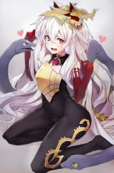 Rule 34 | 1girl, bare shoulders, black bodysuit, blush, bodysuit, commentary request, elbow gloves, embarrassed, gloves, gold trim, granblue fantasy, grey background, hair between eyes, headpiece, highres, kneeling, light purple hair, long hair, medusa (shingeki no bahamut), open mouth, pointy ears, red gloves, shingeki no bahamut, simple background, skin tight, smile, snake, snake hair, solo, sweat, sweatdrop, tail, taishi (picchiridou), very long hair, yellow eyes