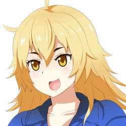 Rule 34 | 1girl, ahoge, blonde hair, character request, commentary request, copyright request, hair between eyes, long hair, open mouth, shadow, smile, solo, translation request, upper body, white background, yellow eyes, yuureidoushi (yuurei6214)