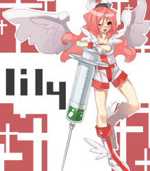 Rule 34 | 1girl, angel wings, bad id, bare shoulders, boots, duel monster, fuzuki maccha (mattya), gloves, hat, highres, injection fairy lily, large syringe, long hair, matcha sou, nurse, nurse cap, one eye closed, open mouth, oversized object, pink hair, red eyes, smile, solo, syringe, wings, wink, yu-gi-oh!, yuu-gi-ou, yu-gi-oh! duel monsters