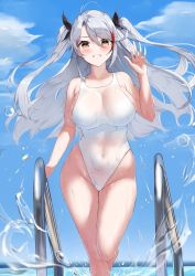 Rule 34 | 1girl, absurdres, azur lane, blush, breasts, hand up, highleg, highleg swimsuit, highres, large breasts, marumai, one-piece swimsuit, pool, pool ladder, prinz eugen (azur lane), smile, solo, swimsuit, twintails, white one-piece swimsuit