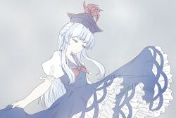 Rule 34 | 1girl, blue dress, blue hair, blue headwear, closed eyes, closed mouth, creepingbarrett, dress, frilled dress, frills, grey background, highres, kamishirasawa keine, long hair, multicolored hair, neckerchief, one-hour drawing challenge, red neckerchief, sidelocks, simple background, solo, touhou, two-tone hair, white hair