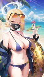 Rule 34 | 2girls, bare shoulders, bikini, black gloves, blonde hair, blue archive, blue bikini, blue jacket, breasts, cleavage, covered mouth, eyewear on head, fingerless gloves, gloves, halo, hayate (leaf98k), highres, innertube, jacket, large breasts, long sleeves, looking at viewer, mask, mouth mask, multiple girls, navel, off shoulder, outdoors, red hair, seaside sukeban (mg) (blue archive), seaside sukeban (smg) (blue archive), solo focus, stomach, sunglasses, swim ring, swimsuit, thighs, yellow eyes