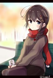 Rule 34 | 1girl, ahoge, autumn, autumn leaves, black pantyhose, blue eyes, braid, brown hair, can, canned coffee, day, drink can, hair between eyes, hair flaps, hair ornament, highres, kantai collection, letterboxed, looking at viewer, one-hour drawing challenge, outdoors, pantyhose, pom pom (clothes), scarf, shigure (kancolle), shigure kai ni (kancolle), side braid, single braid, sitting, smile, solo, soramuko