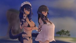 Rule 34 | 2girls, au ra, black hair, blue hair, blush, breasts, final fantasy, final fantasy xiv, frills, green eyes, highres, horns, huge breasts, large breasts, maid headdress, multiple girls, myuunium, original, purple eyes, smile, tail