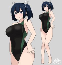 Rule 34 | 1girl, :o, absurdres, black one-piece swimsuit, blue eyes, blue hair, breasts, character request, competition swimsuit, full body, grey background, highres, kantai collection, large breasts, multiple views, noruren, one-piece swimsuit, open mouth, side ponytail, signature, simple background, solo, swimsuit, toes