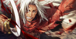 Rule 34 | 1boy, blood, blood on face, highres, injury, katana, looking at viewer, male focus, shuumatsu no valkyrie, smile, solo, sword, ushi 424, weapon, white hair