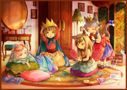 Rule 34 | 4girls, adjusting clothes, adjusting headwear, ahoge, animal ears, beads, blue eyes, book, border, bottle, bow, brown hair, cape, cat ears, cat tail, child, commentary, crown, desk, drawer, dress, closed eyes, green eyes, hair bow, hairdressing, hand mirror, hat, head rest, headdress, indoors, jewelry, lamp, light particles, long hair, looking at another, lying, mirror, multiple girls, necklace, on side, open mouth, original, painting (object), perfume bottle, pillow, pink hair, playing, princess, rug, scissors, short hair, sitting, smile, stool, tail, tail bow, tail ornament, tape, tati tachiko