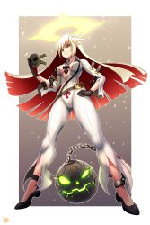 Rule 34 | 1girl, absurdres, ankh, bad id, bad pixiv id, ball and chain restraint, bell-bottoms, belt, bodysuit, border, breasts, cameltoe, commission, spiked halo, covered erect nipples, from below, full body, gloves, glowing, glowing eyes, glowing mouth, guilty gear, guilty gear xrd, guilty gear xrd: revelator, halo, hand on own hip, highres, holding, holding mask, impossible bodysuit, impossible clothes, jack-o&#039; valentine, jewelry, jmg, long hair, loose belt, mask, medium breasts, multicolored clothes, multicolored gloves, multicolored hair, necklace, outside border, pants, pendant, platinum blonde hair, red eyes, red hair, signature, smile, solo, studded belt, two-tone hair, very long hair, white bodysuit