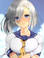 Rule 34 | 10s, 1girl, artist name, bad id, bad twitter id, blue eyes, blush, breasts, cloud, day, gloves, hair ornament, hair over one eye, hairclip, hamakaze (kancolle), kantai collection, large breasts, lips, looking at viewer, mataro (matarou), school uniform, serafuku, short hair, silver hair, sky, solo, upper body, white gloves