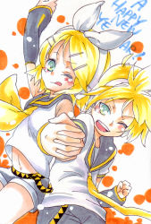 Rule 34 | 1boy, 1girl, back-to-back, brother and sister, holding hands, hetero, kagamine len, kagamine rin, mitsuki meia, one eye closed, siblings, twins, vocaloid, wink