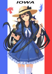 Rule 34 | 10s, 1girl, absurdres, anger vein, angry, animal, assault rifle, bacon, bernie sanders, black hair, blue dress, blue necktie, blue ribbon, blue sailor collar, bottle, brown eyes, chibi, clenched teeth, cloak, clothes writing, coin, commentary request, cowboy shot, cross, cross necklace, donald trump, donkey, dress, drinking, elephant, english text, artistic error, facing viewer, firing, food, formal, frills, garter straps, glasses, grin, gun, hat, head tilt, highres, hillary clinton, iowa (pacific), jewelry, kantai collection, lace, lace-trimmed dress, lace-trimmed legwear, lace trim, long hair, looking at viewer, marco rubio, mini person, miniboy, minigirl, mole, mole under eye, motion blur, necklace, necktie, old, old man, original, pacific (kancolle), politician, puffy short sleeves, puffy sleeves, real life, ribbon, ribbon-trimmed legwear, ribbon trim, rifle, sailor collar, sash, shingeki no kyojin, short sleeves, sign, sima naoteng, smile, solid oval eyes, standing, straw hat, suit, sun hat, ted cruz, teeth, thighhighs, uss iowa (bb-61), very long hair, water bottle, waving arms, weapon, white thighhighs, witch hat, zettai ryouiki