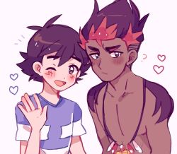 Rule 34 | 2boys, ;d, antenna hair, ash ketchum, blush, brown eyes, catsubun (kkst0904), collarbone, commentary request, creatures (company), dark-skinned male, dark skin, game freak, hand up, heart, jewelry, kiawe (pokemon), male focus, multicolored hair, multiple boys, necklace, nintendo, notice lines, one eye closed, open mouth, pokemon, pokemon (anime), pokemon sm (anime), shirt, short hair, short sleeves, smile, striped clothes, striped shirt, t-shirt, tongue, topless male, two-tone hair, undercut, upper body, white background