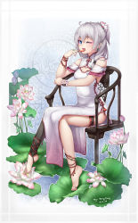 Rule 34 | 1girl, :d, absurdres, bare shoulders, barefoot, bing gang, blue eyes, chair, china dress, chinese clothes, dango, dress, eyeliner, flower, food, full body, hair between eyes, hair flower, hair ornament, highres, holding, holding food, honkai (series), honkai impact 3rd, lily pad, long hair, looking at viewer, makeup, one eye closed, open mouth, plantar flexion, side ponytail, sitting, sleeveless, sleeveless dress, smile, solo, theresa apocalypse, thighhighs, toes, wagashi, white dress, white flower, white hair
