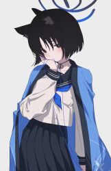 Rule 34 | 1girl, black hair, blue archive, blue neckerchief, blue skirt, blush, collarbone, halo, haori, head tilt, highres, holding, holding string, japanese clothes, kikyou (blue archive), long sleeves, looking at viewer, mouth hold, neckerchief, pleated skirt, school uniform, serafuku, shirt, short hair, simple background, skirt, solo, string, sweatdrop, white background, white shirt, yomoyama55