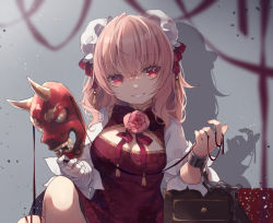 Rule 34 | 1girl, :d, bandaged arm, bandages, blurry, blurry foreground, bun cover, chinese clothes, cuffs, double bun, flower, grey background, hair bun, holding, holding mask, ibaraki kasen, looking at viewer, mask, medium hair, oni mask, open mouth, pink eyes, pink flower, pink hair, pink rose, rose, shackles, shadow, short sleeves, simple background, sitting, smile, solo, touhou, toutenkou, upper body