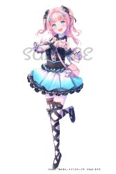 Rule 34 | 1girl, :d, bag, bag charm, black footwear, black shirt, blue skirt, charm (object), collarbone, copyright request, full body, handbag, head tilt, heart, heart hands, highres, ittokyu, long hair, looking at viewer, official art, open mouth, pink hair, pleated skirt, puffy short sleeves, puffy sleeves, sample watermark, shirt, shoes, short sleeves, shoulder bag, simple background, skirt, smile, solo, standing, standing on one leg, stuffed animal, stuffed rabbit, stuffed toy, thighhighs, two side up, virtual youtuber, watermark, white background, white thighhighs, wrist cuffs