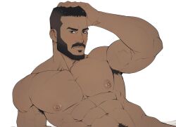 Rule 34 | 1boy, abs, arm hair, armpit hair, armpit hair peek, bara, beard, biceps, black hair, blush, buzz cut, castlevania, castlevania: nocturne, completely nude, dark-skinned male, dark skin, earrings, facial hair, hand on own head, jewelry, large pectorals, leaning back, looking at viewer, male focus, male pubic hair, mature male, mizrak (castlevania), muscular, muscular male, navel, navel hair, nipples, nude, out-of-frame censoring, pectorals, pubic hair, reiner55, short hair, sitting, solo, stomach, thick eyebrows, thick mustache, undercut, veins, veiny arms, very short hair, white background
