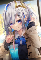 Rule 34 | 1girl, :q, absurdres, amane kanata, black sweater, blue bow, blue bowtie, blue eyes, blue hair, blush, bow, bowtie, breasts, brown jacket, cleavage, collared shirt, colored inner hair, cup, drinking straw, grey hair, hair ornament, hairclip, halo, highres, holding, holding drinking straw, hololive, jacket, layered sleeves, looking at viewer, medium hair, multicolored hair, open clothes, open jacket, shirt, sleeves past wrists, solo, star halo, sweater, tongue, tongue out, tsukasa tsubasa, virtual youtuber