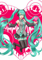 1girl :d aqua_eyes aqua_hair armpits black_shoes black_skirt black_sleeves boots breasts collared_shirt commentary detached_sleeves full_body grey_shirt hatsune_miku heart highres holding holding_microphone jumping long_hair long_sleeves microphone open_mouth piano_keys pleated_skirt shirt shoes skirt sleeveless sleeveless_shirt smile solo teeth thigh_boots thighhighs tie_clip tokisake_masoho tongue twintails upper_teeth_only very_long_hair vocaloid zettai_ryouiki