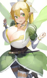 Rule 34 | 1girl, absurdres, bad hands, belt, blonde hair, blush, bracelet, braid, breasts, cleavage, collarbone, commentary request, cowboy shot, green eyes, hair between eyes, hands up, highres, huge breasts, jewelry, large breasts, leafa, long hair, looking at viewer, mizuiro sanshou, open mouth, pointy ears, ponytail, puffy sleeves, shorts, side braid, solo, sword, sword art online, thighs, twin braids, weapon, white background, wings