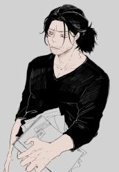 Rule 34 | 1boy, bags under eyes, bananako, black hair, black shirt, boku no hero academia, cropped torso, eraser head (boku no hero academia), facial scar, grey background, highres, holding, holding paper, long sleeves, male focus, mature male, paper, parted lips, pectoral cleavage, pectorals, ponytail, scar, scar on cheek, scar on face, shirt, simple background, solo, sparse stubble