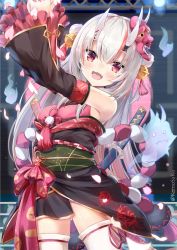 Rule 34 | 1girl, :3, :d, bare shoulders, bell, black kimono, double bun, fang, frilled sleeves, frills, ghost, gold trim, gradient hair, hair bell, hair bun, hair ornament, highres, hitodama, hololive, horns, japanese clothes, jingle bell, katana, keesuke (kkosyoku), kimono, kouhaku nawa, long hair, long sleeves, looking at viewer, mask, mask on head, multicolored hair, nakiri ayame, nakiri ayame (1st costume), off shoulder, oni, oni mask, open mouth, red eyes, red hair, rope, sheath, sheathed, shimenawa, shiranui (nakiri ayame), short kimono, silver hair, skin-covered horns, skin fang, smile, solo, stage, streaked hair, sword, tassel, thighhighs, twitter username, two side up, virtual youtuber, weapon, white thighhighs, wide sleeves