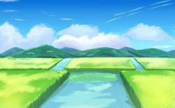 Rule 34 | absurdres, bad id, bad pixiv id, biako, blue sky, cloud, cloudy sky, commentary request, day, highres, mountain, mountainous horizon, no humans, original, outdoors, rice paddy, rural, scenery, sky, water