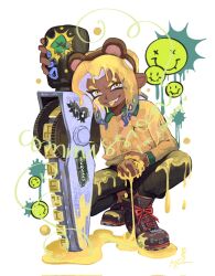 Rule 34 | 1boy, animal ear hairband, animal ears, bear ears, black footwear, black pants, blonde hair, brown hairband, buttons, commentary, commission, cross-laced footwear, dark-skinned male, dark skin, eyebrow cut, eyelashes, fake animal ears, fang, hairband, highres, holding, holding sword, holding weapon, inkling (language), long hair, mai (marmastry), male focus, nintendo, octoling, octoling boy, octoling player character, open mouth, paint, pants, shirt, shoes, simple background, smile, solo, splatana stamper (splatoon), splatoon (series), splatoon 3, squatting, sticker, sword, teeth, tentacle hair, thick eyebrows, tongue, tongue out, weapon, white background, yellow eyes, yellow shirt
