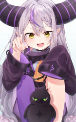 Rule 34 | 1girl, :d, ascot, blush, braid, collar, crow (la+ darknesss), demon horns, fang, gaaa u, grey hair, hair between eyes, hands up, highres, hololive, horns, jacket, knees up, la+ darknesss, long hair, long sleeves, metal collar, open mouth, pantyhose, pointy ears, purple hair, purple jacket, purple pantyhose, single leg pantyhose, sitting, skin fang, sleeves past fingers, sleeves past wrists, smile, solo, very long hair, virtual youtuber, yellow ascot, yellow eyes