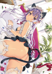 Rule 34 | 1girl, animal ears, apron, ass, bare arms, bare shoulders, bed, bed sheet, bikini, bikini top only, black bikini, black skirt, blunt bangs, blush, bow, bow legwear, breasts, butt crack, cat ears, cat girl, cat tail, closed mouth, convenient censoring, covering privates, covering crotch, curtains, dutch angle, frilled apron, frilled cuffs, frilled wrist cuffs, frills, harunoibuki, headdress, high heels, highres, indoors, leg up, long hair, looking at viewer, looking back, lying, maid, maid apron, maid headdress, medium breasts, melonbooks, miniskirt, no panties, on bed, on stomach, original, petals, pillow, plant, potted plant, purple eyes, purple hair, red footwear, red ribbon, ribbon, scan, sideboob, sidelocks, signature, skirt, small breasts, solo, star (symbol), swimsuit, tail, tail censor, tail ornament, tail raised, tail ribbon, thighhighs, thighs, twitter username, two side up, waist apron, white apron, white bow, white thighhighs, wrist cuffs