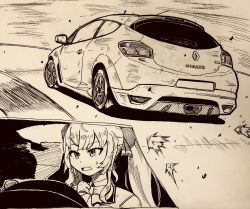 Rule 34 | 1girl, absurdres, bow, bowtie, car, commentary request, datsan, driving, frown, hatching (texture), highres, marker (medium), motor vehicle, nijisanji, open mouth, solo, speed lines, sweatdrop, takamiya rion, traditional media, twintails, virtual youtuber