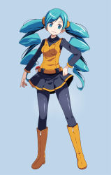 Rule 34 | 1girl, ace trainer (pokemon), belt, black collar, black pantyhose, black skirt, blue background, blue eyes, blue hair, boots, collar, collared shirt, creatures (company), drill hair, full body, game freak, hair ornament, hair scrunchie, hand on own hip, highres, knee boots, leggings, long hair, long sleeves, looking at viewer, nintendo, orange footwear, orange scrunchie, orange vest, pantyhose, pleated skirt, poke ball, pokemon, pokemon bw, scrunchie, shirt, simple background, skirt, smile, solo, tsukishiro saika, twin drills, twintails, vest