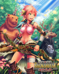Rule 34 | 1girl, anbe yoshirou, animal, atalante (shinma x keishou! ragnabreak), bandages, bear, boots, bow, bow (weapon), brear, breasts, rabbit, cleavage, copyright name, deer, flower, green eyes, jewelry, leaf, lion, lots of jewelry, midriff, navel, pink hair, shinma x keishou! ragnabreak, short hair, tree, weapon