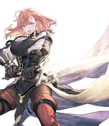 Rule 34 | 1girl, auyn awinaz (navigavi), belt, breasts, fighting stance, gauntlets, gloves, highres, holding, holding sword, holding weapon, jun (navigavi), large breasts, long sleeves, open mouth, orange eyes, orange hair, original, puffy sleeves, shouting, simple background, solo, sword, thighhighs, upper body, weapon, white background, wind