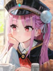 Rule 34 | 1girl, black coat, black hat, blurry, blurry foreground, blush, bun cover, cloak, closed mouth, coat, collared shirt, double bun, dress shirt, hair bun, hair ribbon, hand on own cheek, hand on own face, hat, heaven burns red, highres, hood, hooded cloak, kunimi tama, long hair, looking to the side, parted bangs, peaked cap, pink eyes, pink hair, ribbon, shirt, solo, sonchi, two side up, white ribbon, white shirt