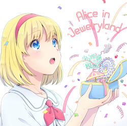Rule 34 | 1girl, album cover, alice margatroid, bad source, blonde hair, blue eyes, box, capelet, carousel, circle name, collared capelet, confetti, cover, english text, eyelashes, ferris wheel, fingernails, girls logic observatory, hairband, holding, holding box, light blush, looking ahead, mouse (animal), neckerchief, open mouth, red hairband, red neckerchief, short hair, simple background, solo, teeth, touhou, toy box, upper body, upper teeth only, white background, white capelet, witoi (roa)