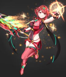 Rule 34 | 1girl, absurdres, aegis sword (xenoblade), armor, bare arms, breasts, core crystal (xenoblade), covered navel, drop earrings, earrings, eilier project, fingerless gloves, fire, full body, gloves, highres, holding, holding weapon, impossible clothes, jewelry, large breasts, pyra (xenoblade), pyrokinesis, red eyes, red hair, red shorts, red thighhighs, serious, short hair, short shorts, shorts, shoulder armor, solo, swept bangs, sword, thighhighs, tiara, weapon, xenoblade chronicles (series), xenoblade chronicles 2