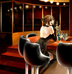 Rule 34 | 1girl, back, bar (place), bare back, brown hair, chair, cocktail glass, cup, dress, drink, drinking glass, female focus, indoors, meiko (vocaloid), short hair, sitting, solo, thighhighs, toyu, vocaloid