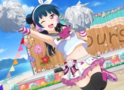 Rule 34 | armpits, bad id, bad pixiv id, black thighhighs, blouse, blue hair, blush, cheerleader, day, happy, highres, long hair, love live!, love live! sunshine!!, miniskirt, neckerchief, one eye closed, outdoors, pink eyes, pom pom (cheerleading), purple neckerchief, shirt, skirt, sleeveless, sleeveless shirt, solo, standing, standing on one leg, stomach, takami chika, thighhighs, wink